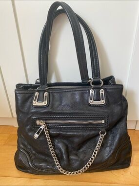 Michael Kors Black Leather Tote Bag with Chain Accent